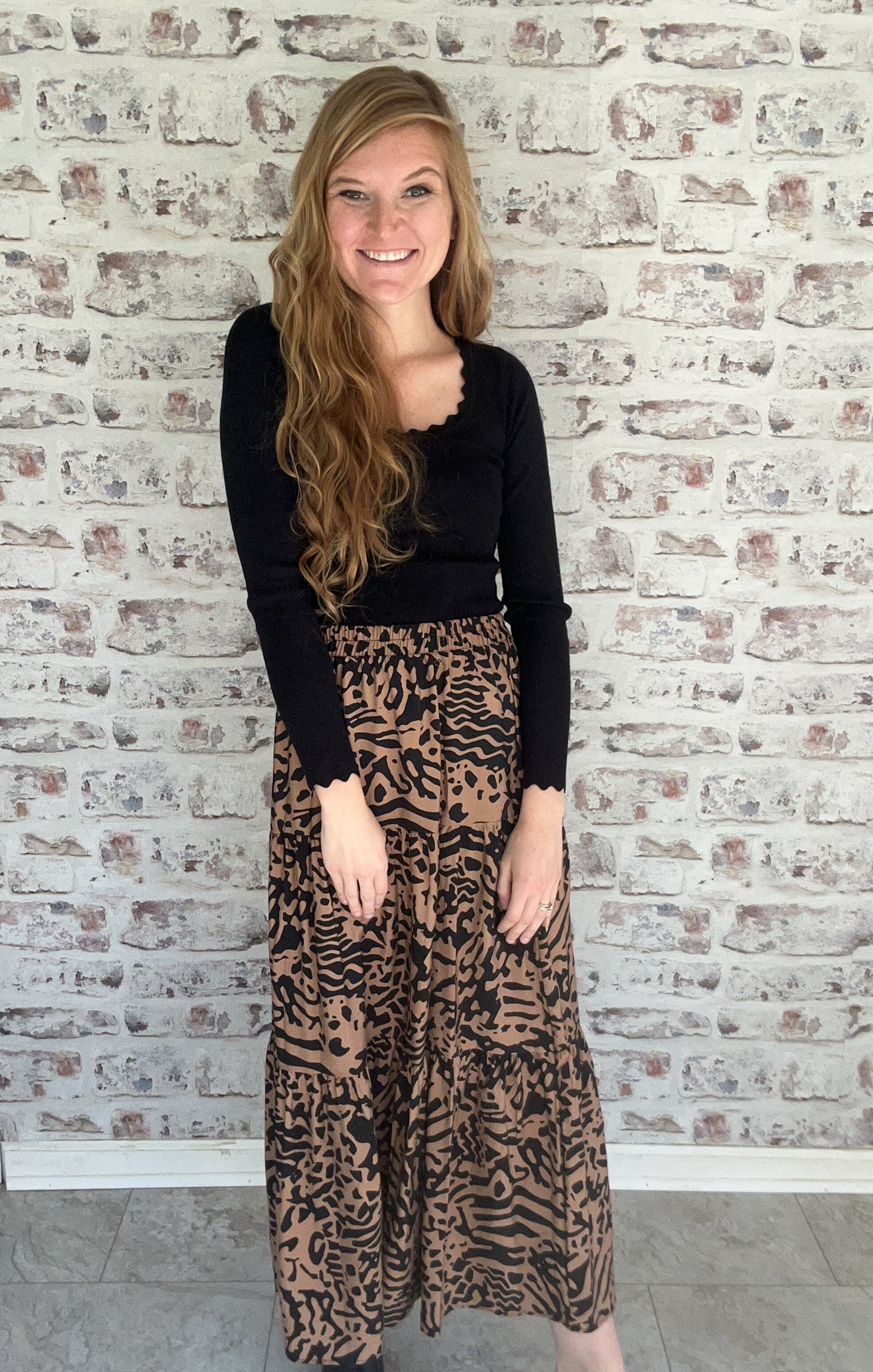 Taupe & Black Abstract Printed Midi Skirt