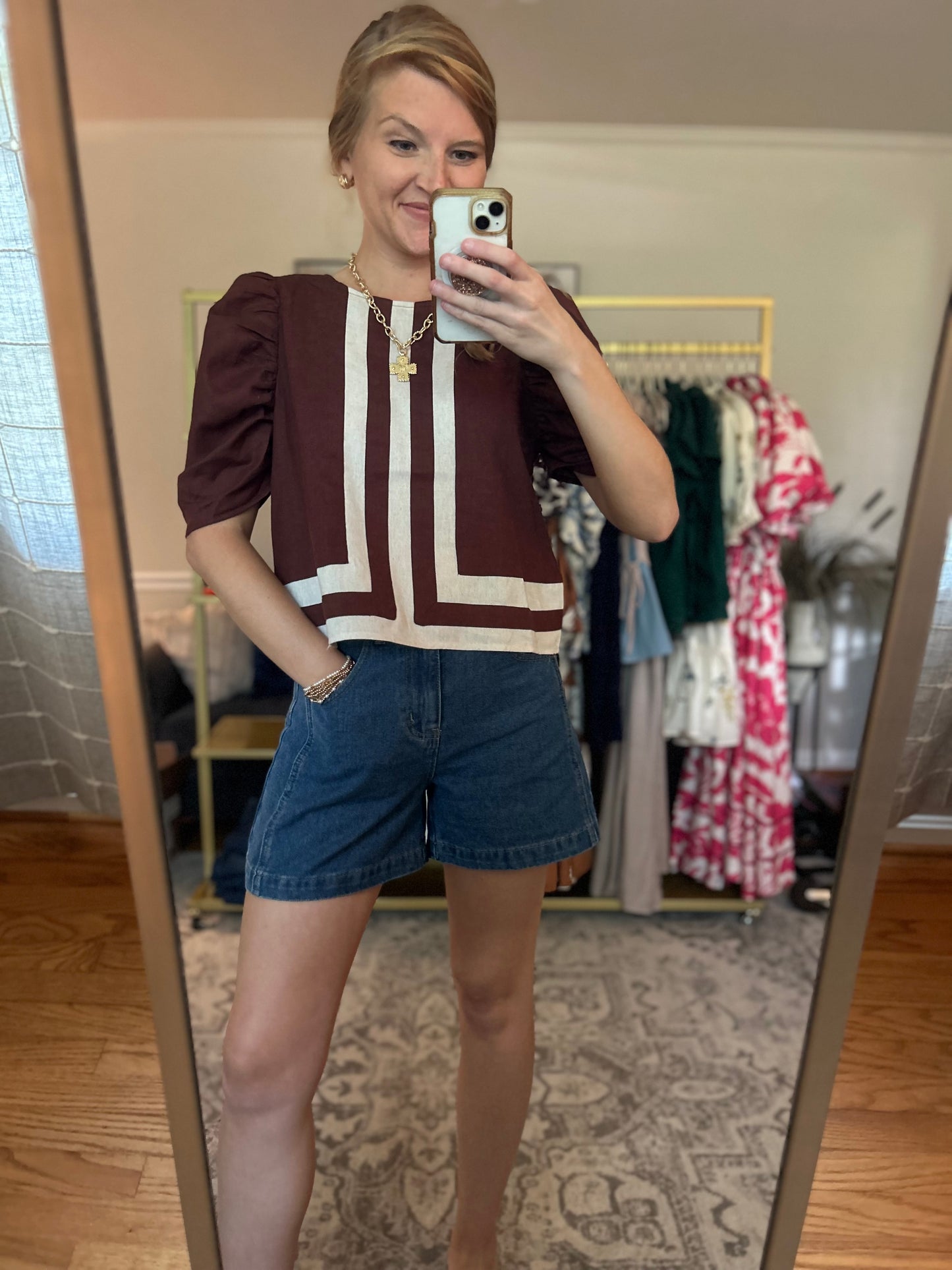 Town & Country Puff Sleeve Blouse in Brown