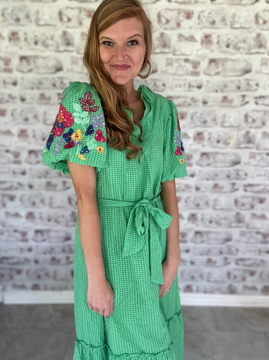 Mariposa Lane Embroidered Sleeve Midi Dress