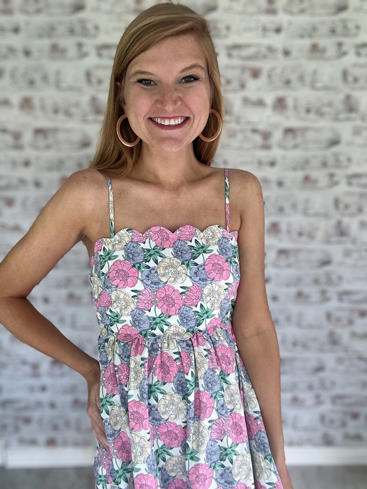 Tea Time Whimsy Floral Scalloped Midi Dress