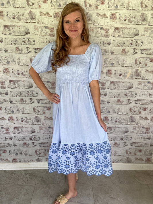 Westcott Smocked & Eyelet Midi Dress