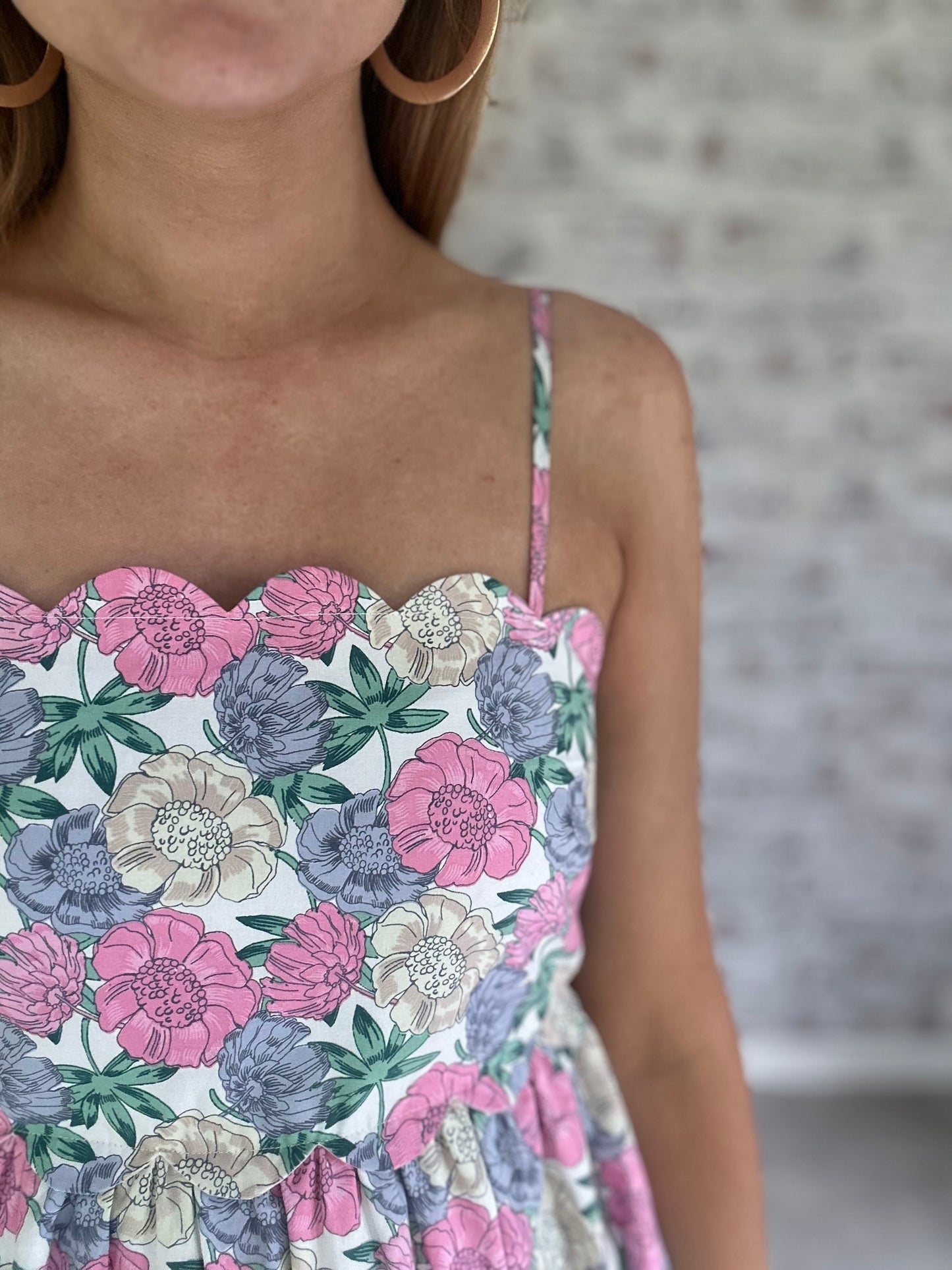 Tea Time Whimsy Floral Scalloped Midi Dress
