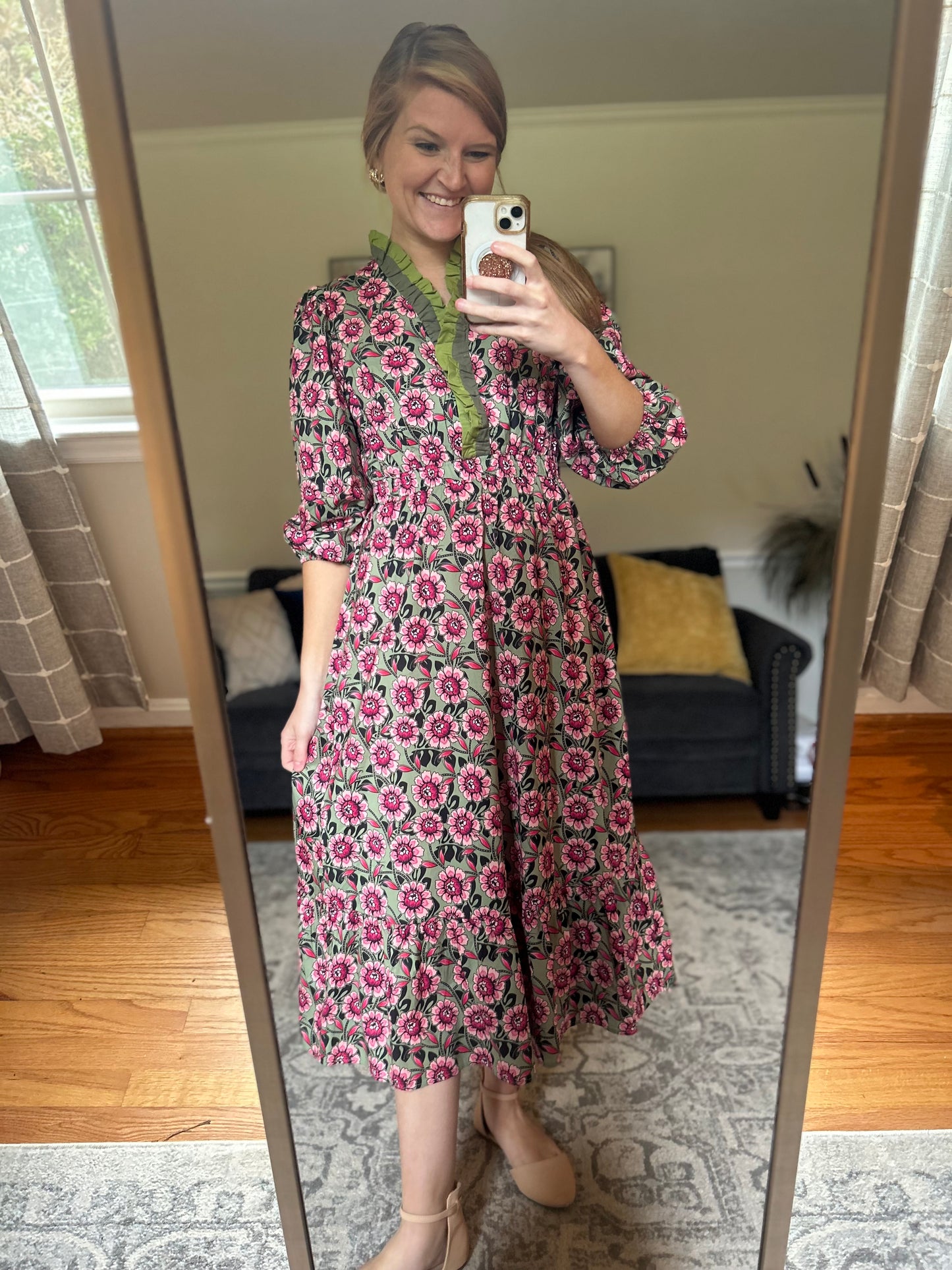 Greenwich Garden Ruffle Neck Midi Dres