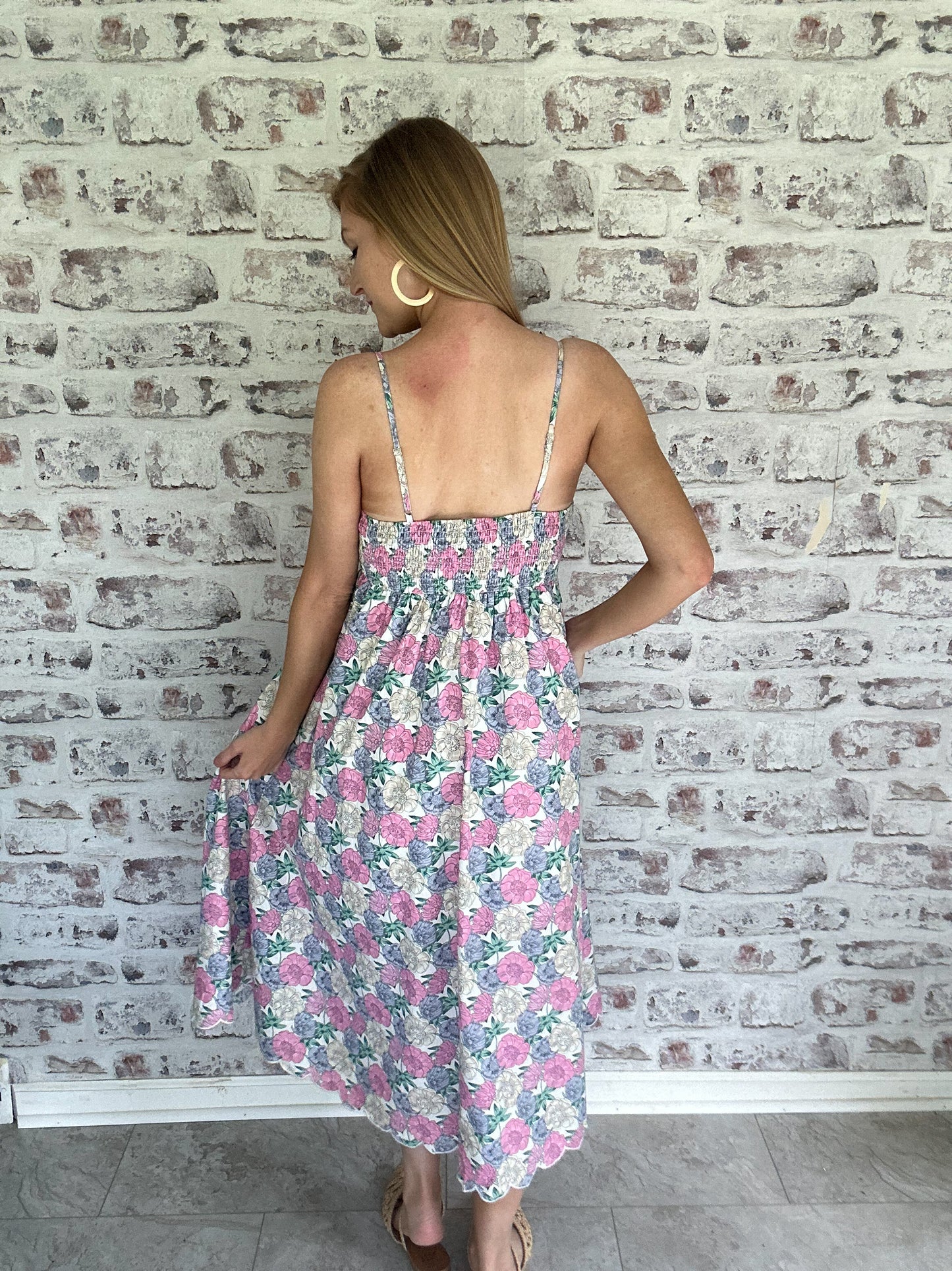 Tea Time Whimsy Floral Scalloped Midi Dress