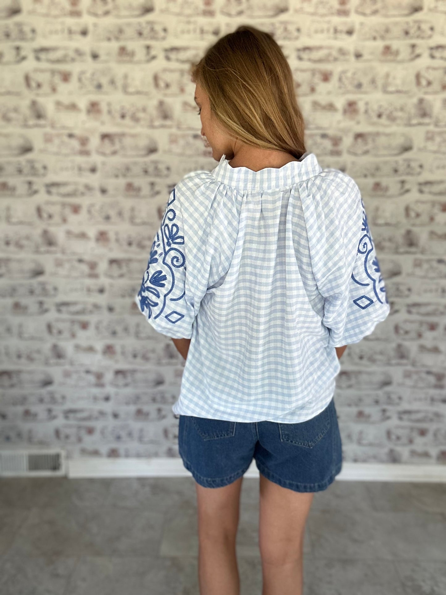 Orchard House Embroidered Gingham Top