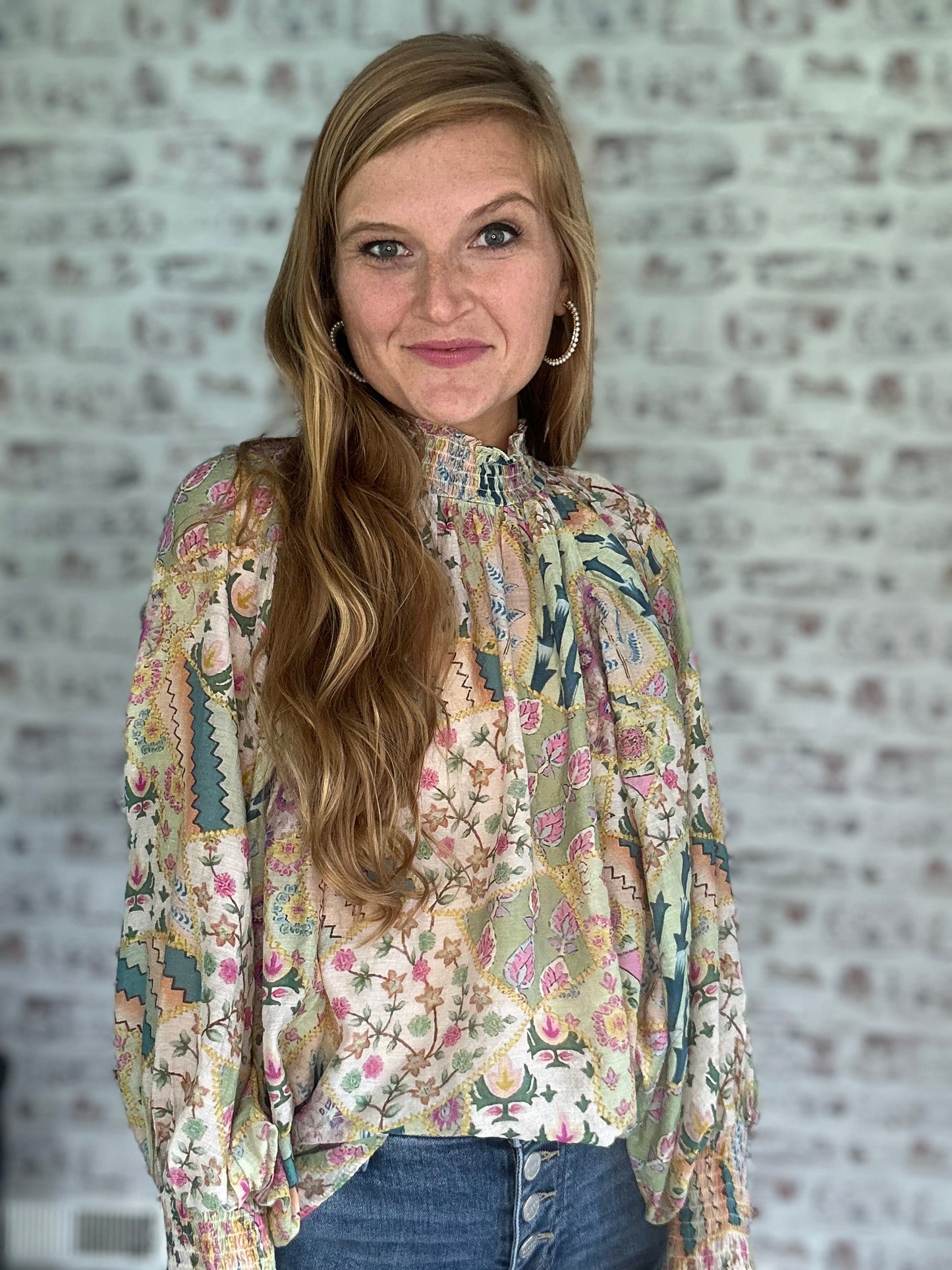 Pattern Play Mock Neck Blouse