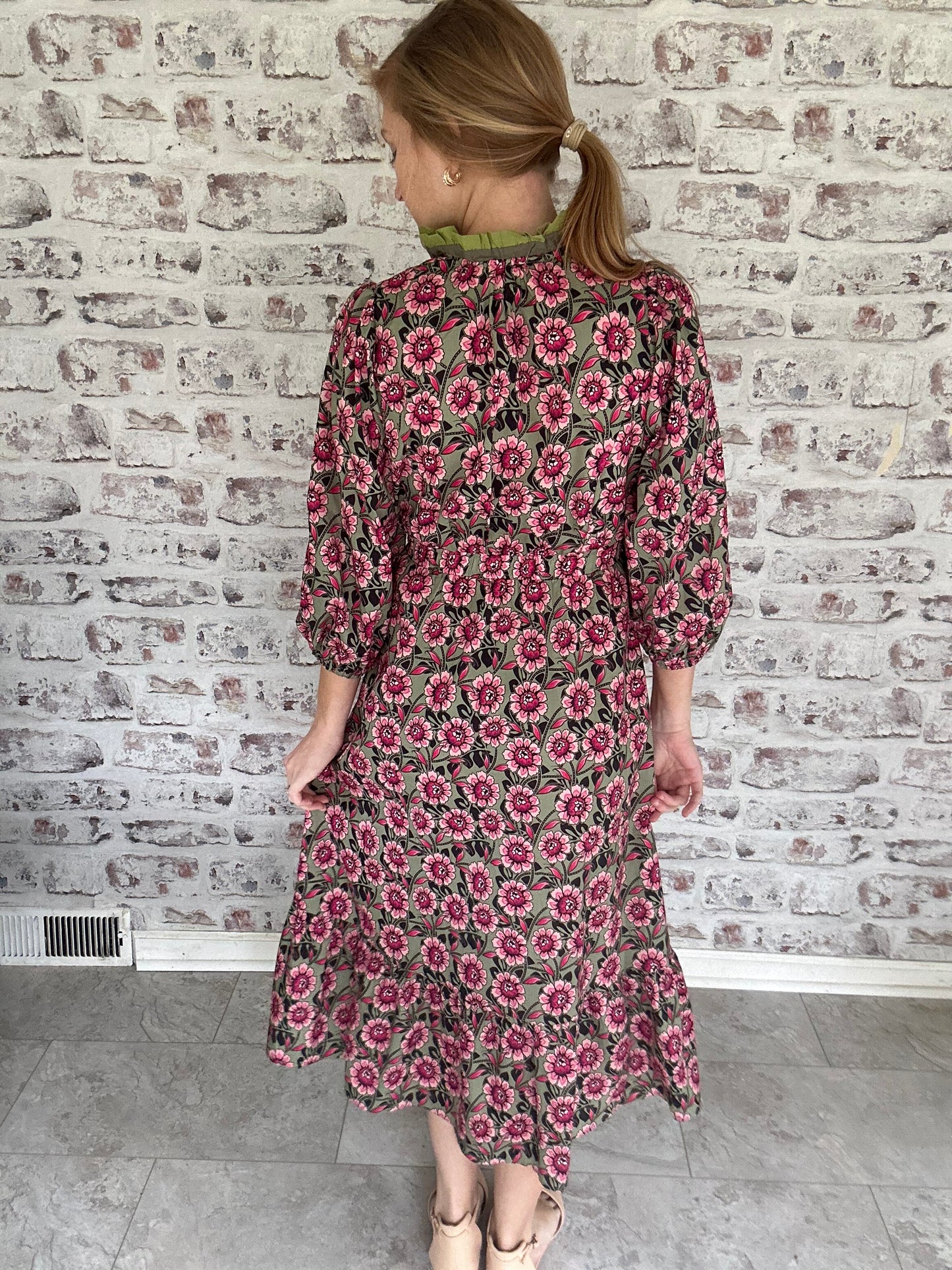 Greenwich Garden Ruffle Neck Midi Dres