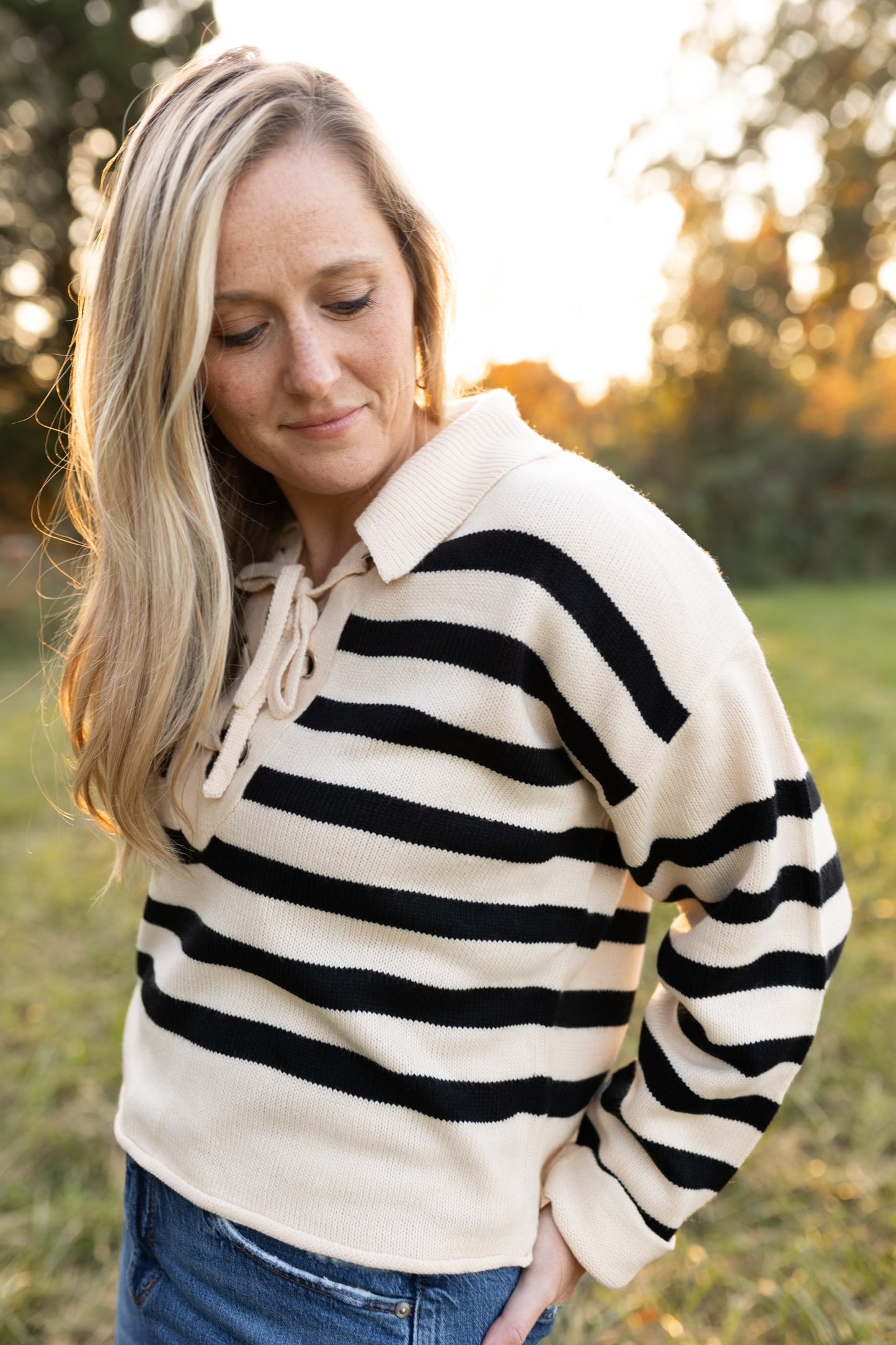 Perfectly Cozy Striped Lace Up Sweater