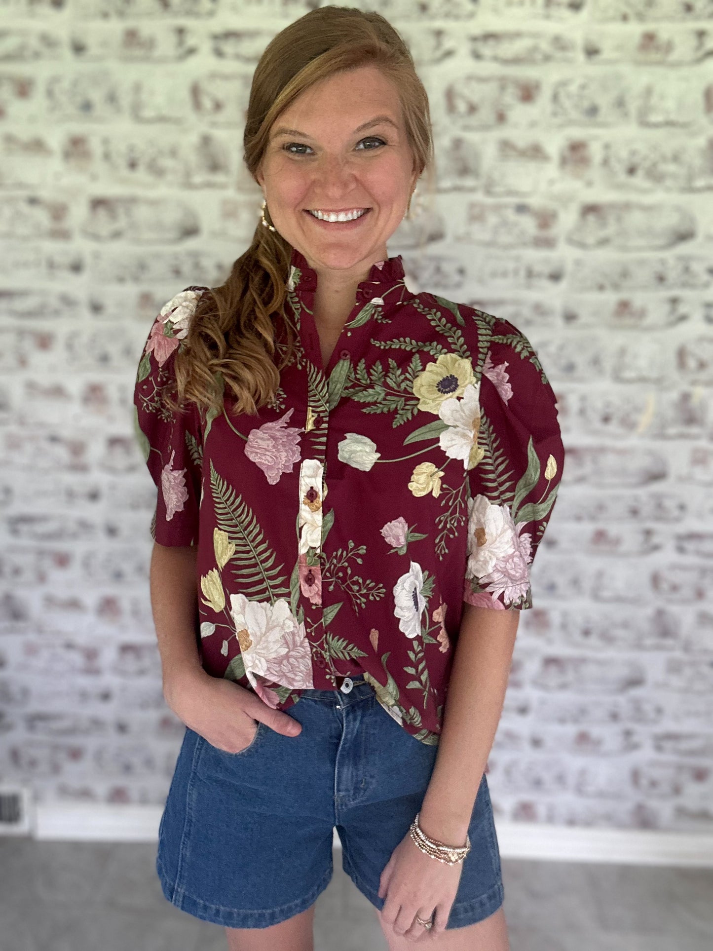 Magnolia Grove Button Down Blouse in Maroon