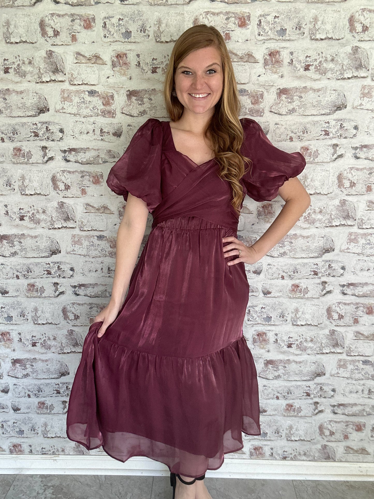 Joyful Gatherings Puff Sleeve Midi Dress