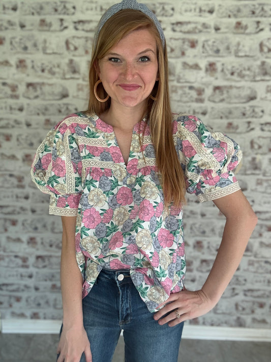 Pastel Petals Lace Detail Blouse