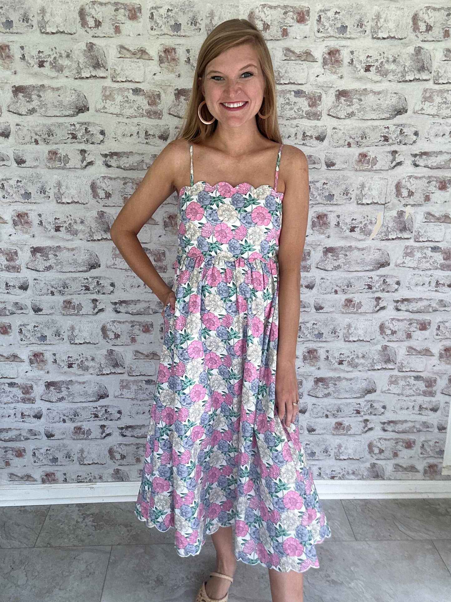 Tea Time Whimsy Floral Scalloped Midi Dress