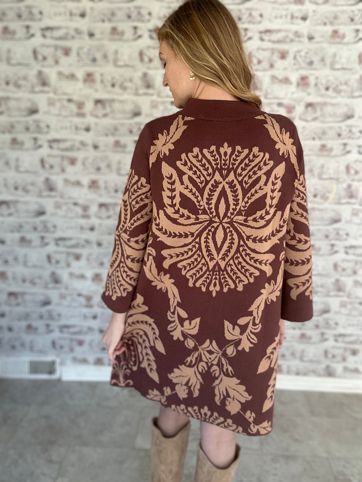 Baroque Bloom Knit Shift Dress in Brown