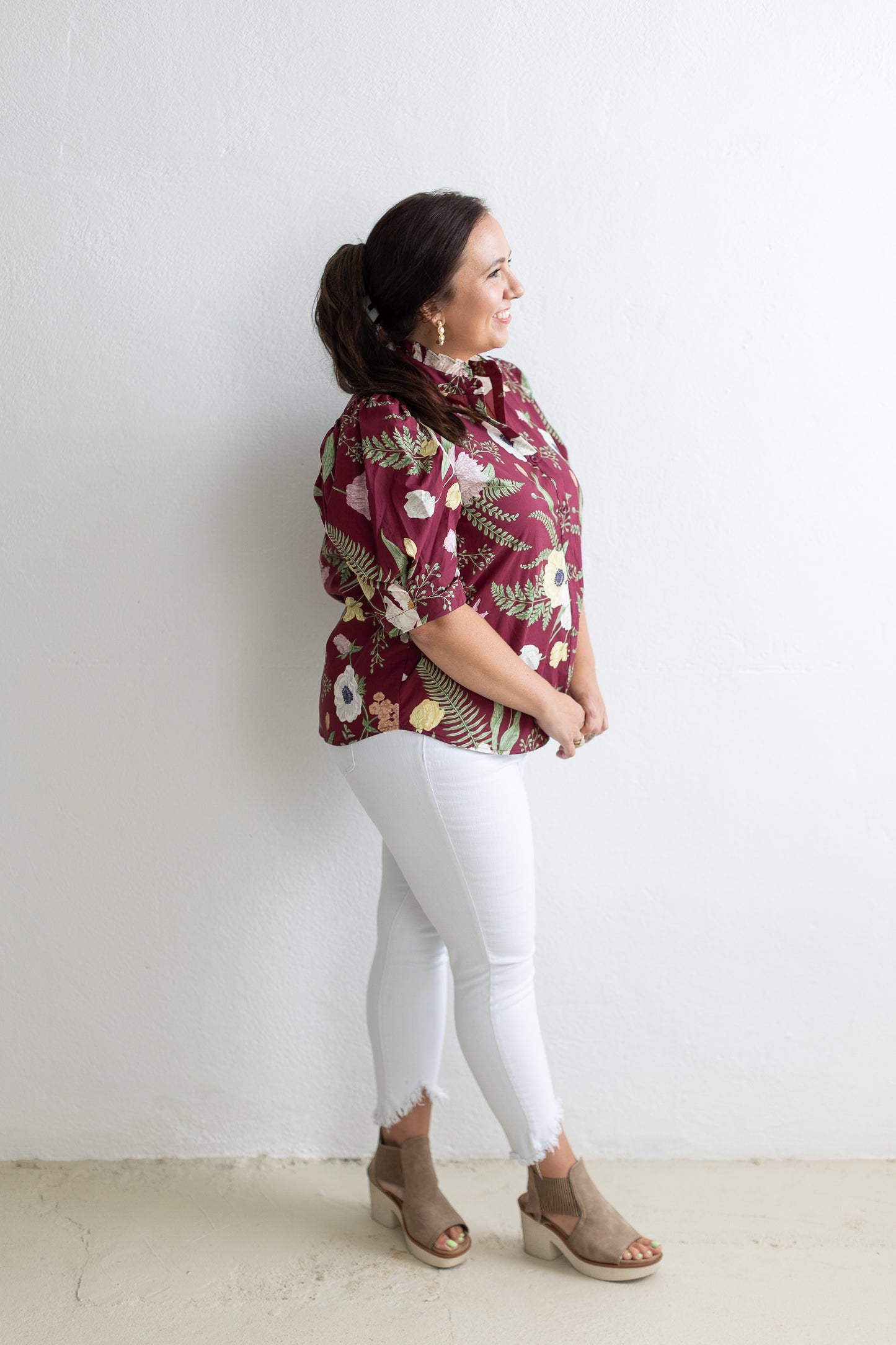 Magnolia Grove Button Down Blouse in Maroon