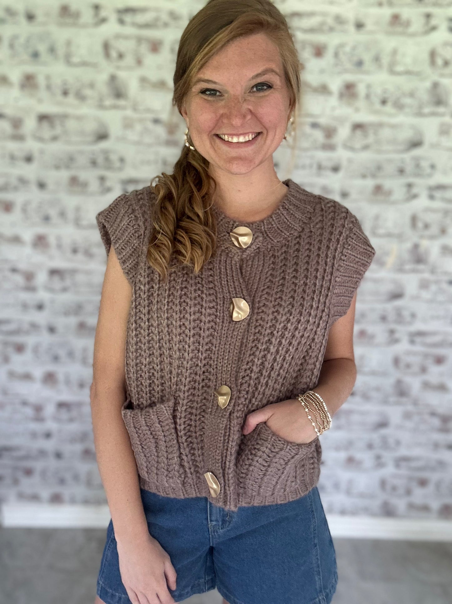 Ivy Lane Buttoned Sweater Vest in Mocha
