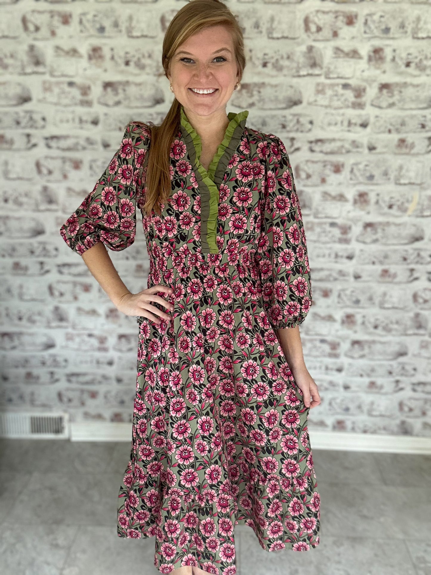 Greenwich Garden Ruffle Neck Midi Dres