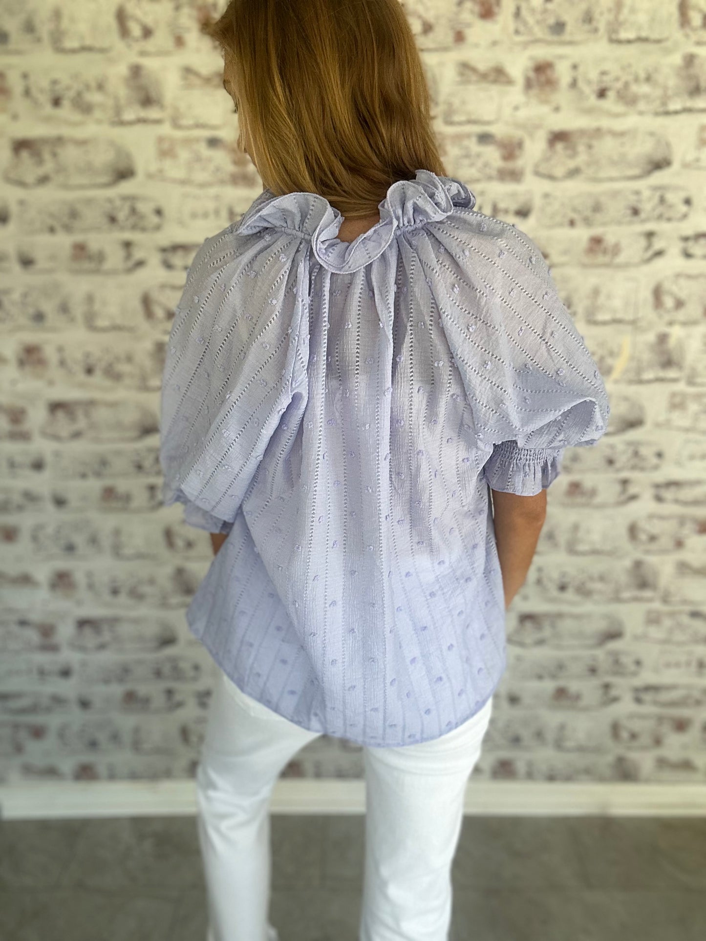 Sunday Stroll Ruffle Collared Blouse in Lavender