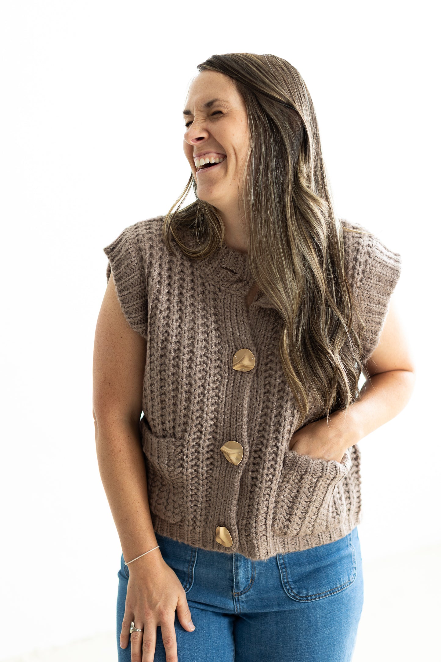 Ivy Lane Buttoned Sweater Vest in Mocha