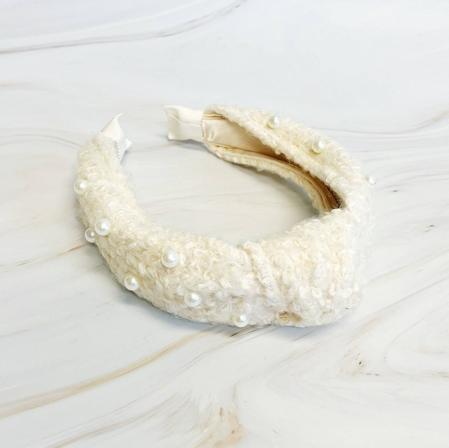 Pearl And Tweed Knotted Headband: Cream