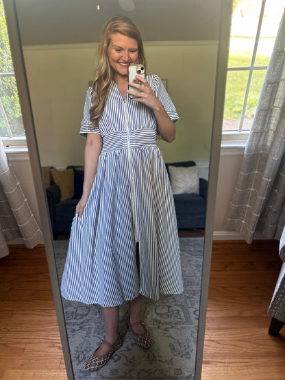 Refined Stripe Zip-Up Midi Dress in Navy