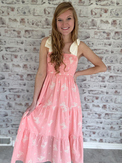 Pretty Whimsy Bow Smocked Midi Dress