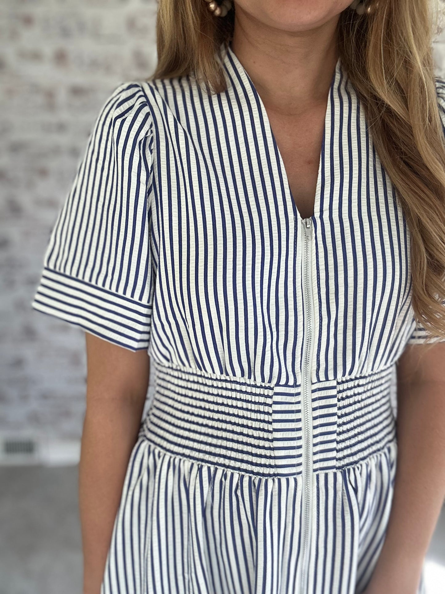 Refined Stripe Zip-Up Midi Dress in Navy