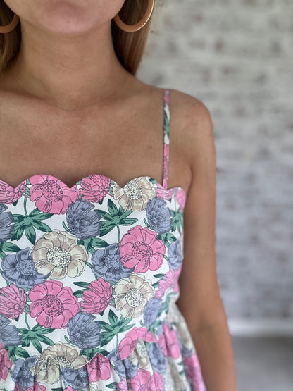 Tea Time Whimsy Floral Scalloped Midi Dress