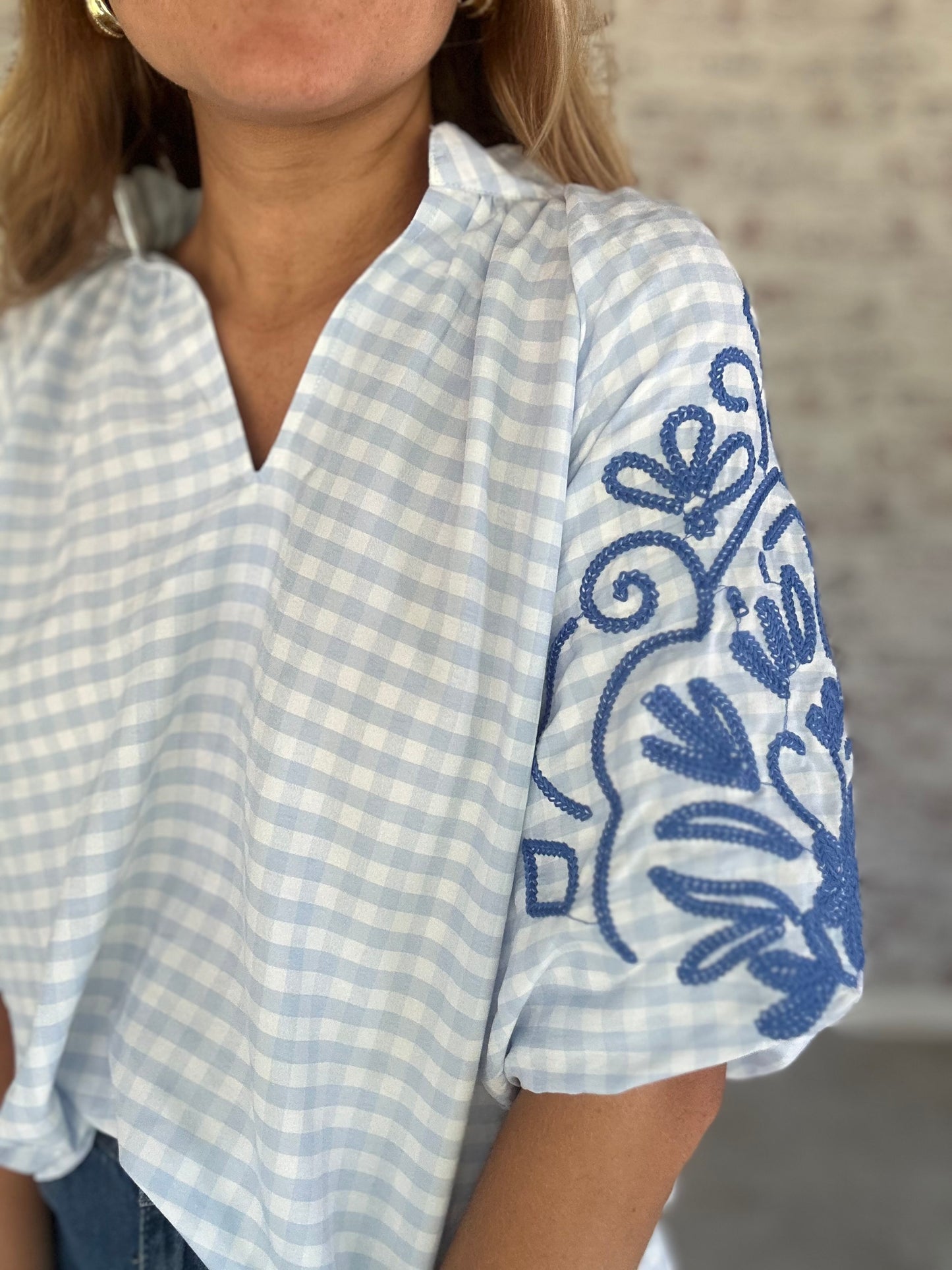Orchard House Embroidered Gingham Top