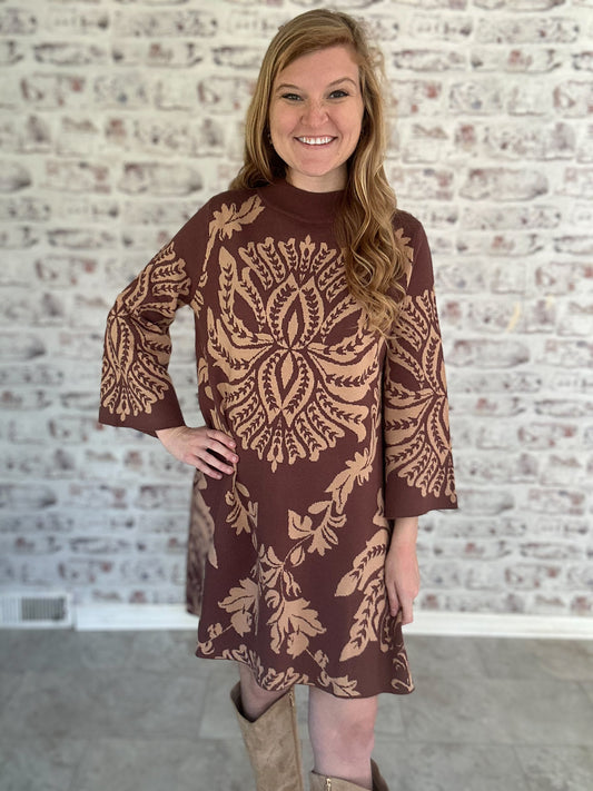 Baroque Bloom Knit Shift Dress in Brown