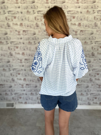 Orchard House Embroidered Gingham Top