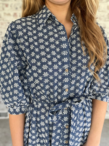 Bookshop Stroll Denim Embroidered Dress