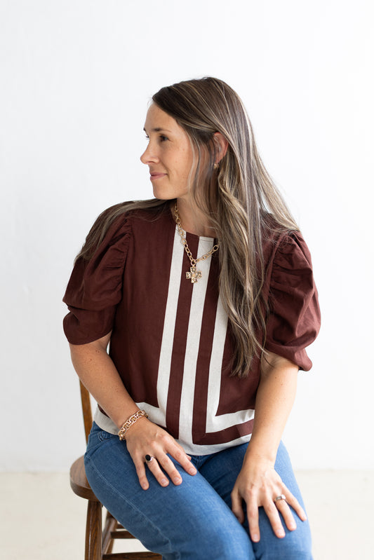 Town & Country Puff Sleeve Blouse in Brown