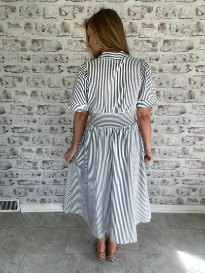 Refined Stripe Zip-Up Midi Dress in Navy