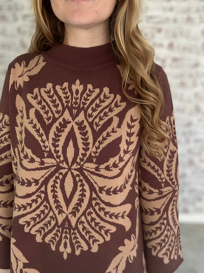 Baroque Bloom Knit Shift Dress in Brown