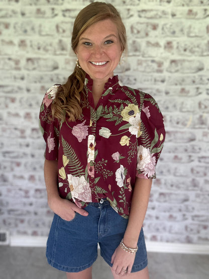Magnolia Grove Button Down Blouse in Maroon