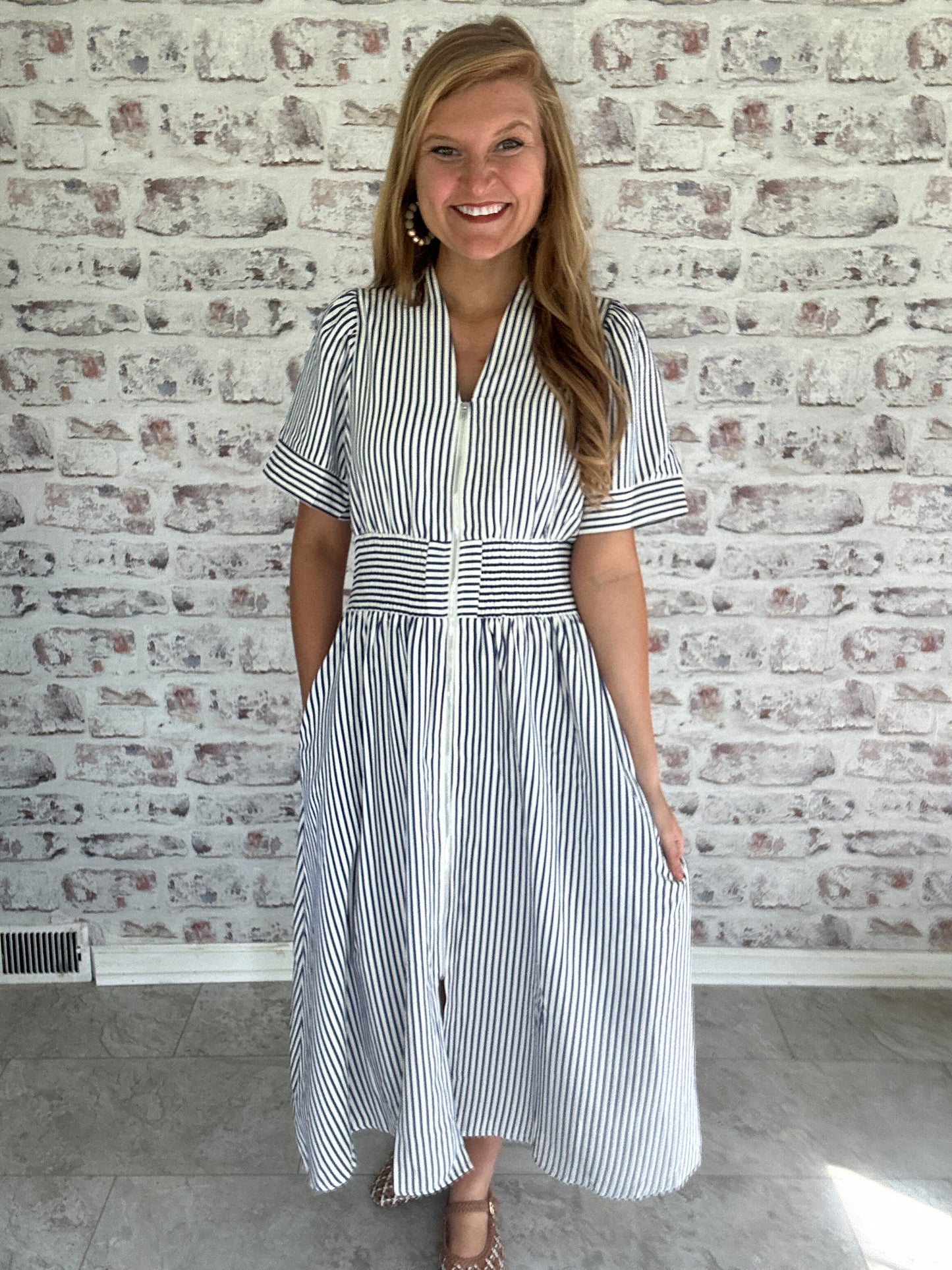 Refined Stripe Zip-Up Midi Dress in Navy
