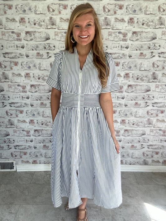 Refined Stripe Zip-Up Midi Dress in Navy