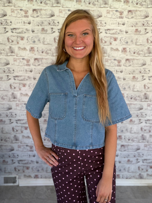 Social Hour Collared Denim Top
