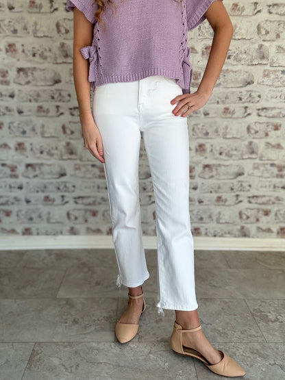 Cropped High Waisted Straight Leg White Jeans