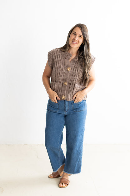 Ivy Lane Buttoned Sweater Vest in Mocha