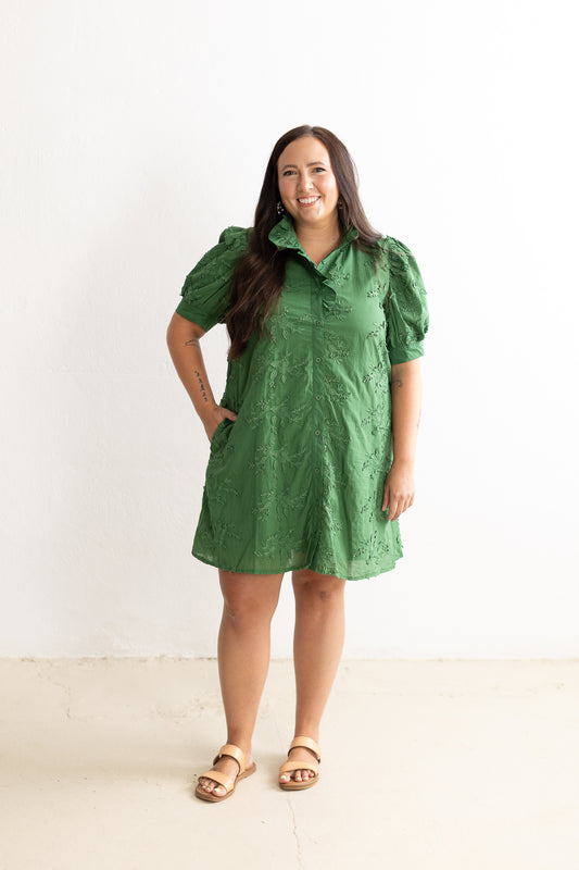 Vintage Vines Floral Appliqué Mini Dress in Green