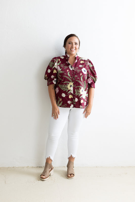 Magnolia Grove Button Down Blouse in Maroon