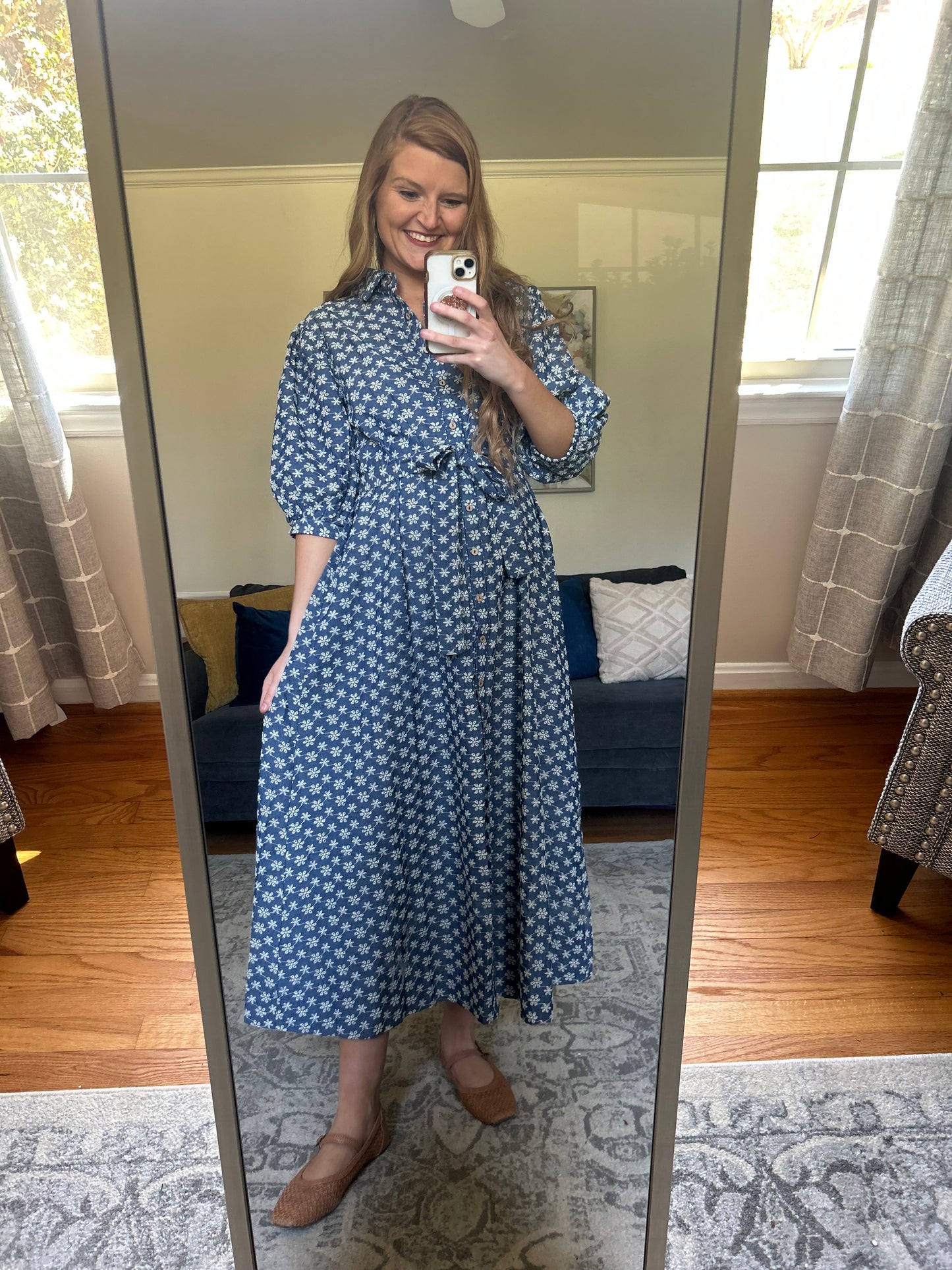Bookshop Stroll Denim Embroidered Dress
