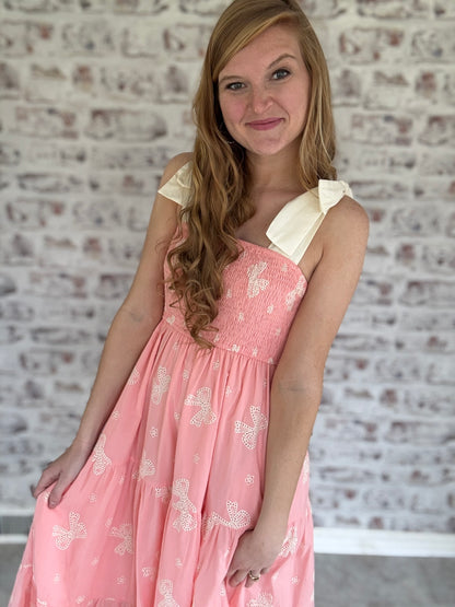 Pretty Whimsy Bow Smocked Midi Dress