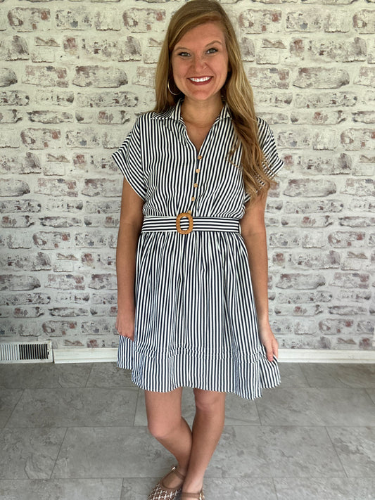 Boardwalk Brunch Striped Mini Dress in Navy