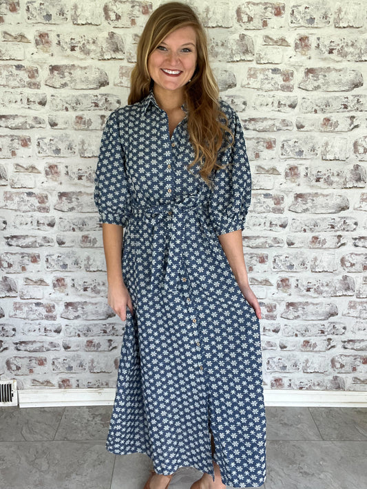 Bookshop Stroll Denim Embroidered Dress