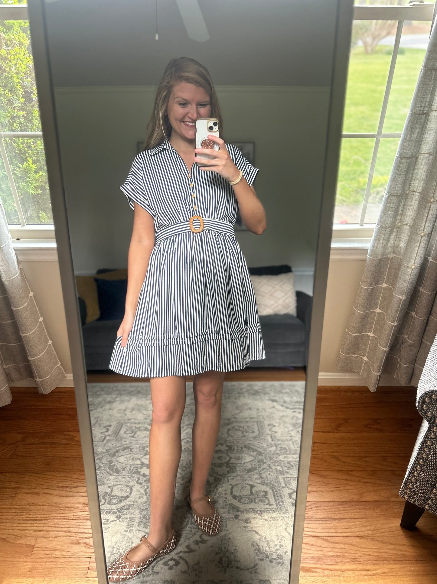 Boardwalk Brunch Striped Mini Dress in Navy