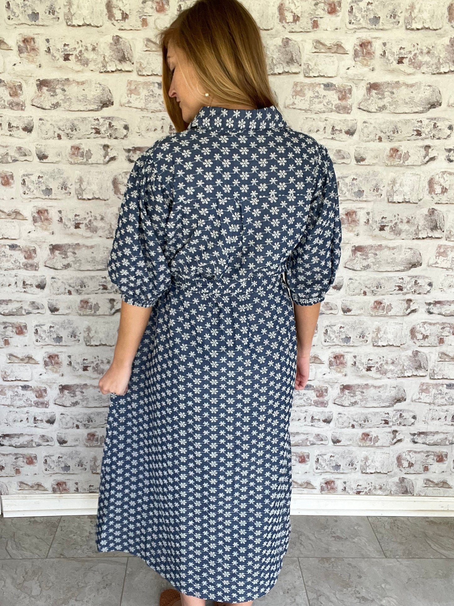 Bookshop Stroll Denim Embroidered Dress