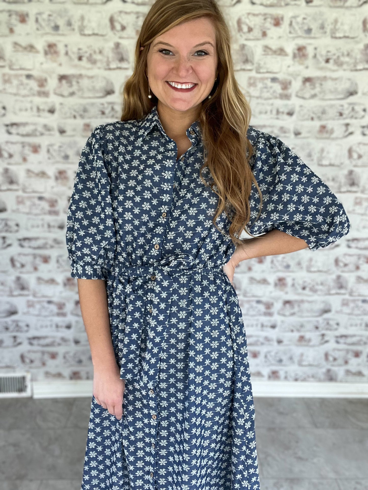 Bookshop Stroll Denim Embroidered Dress