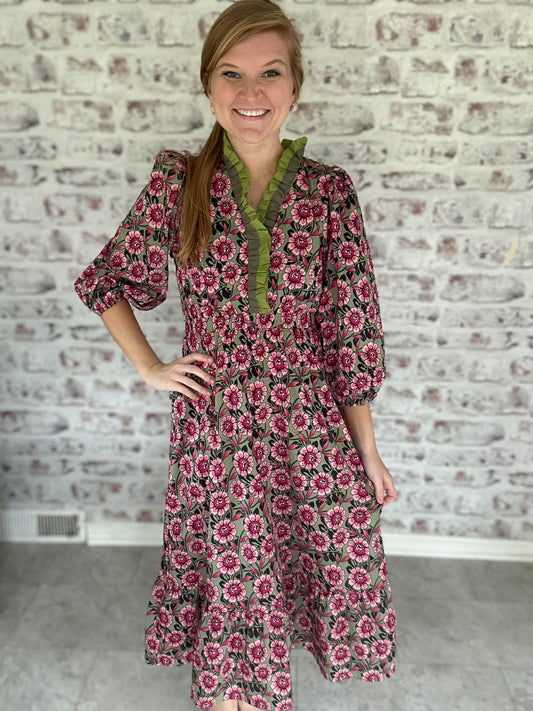 Greenwich Garden Ruffle Neck Midi Dres